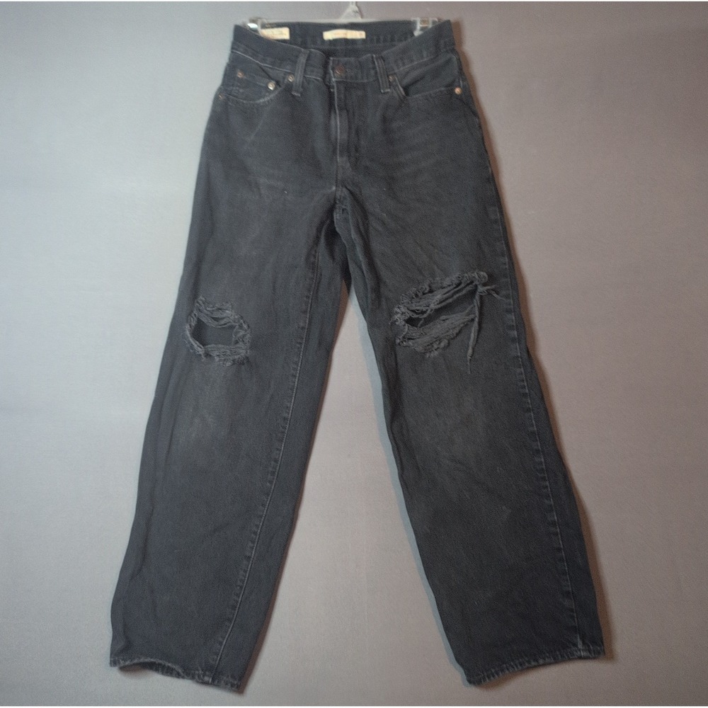 Levis Baggy Dad Jeans Black Faded Wide Leg Distressed Denim Womens Size 25 26x29